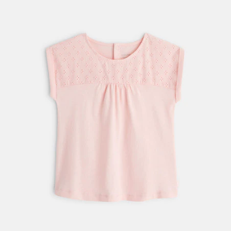 T-shirt bi-matière broderie anglaise rose bébé fille