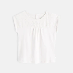 T-shirt bi-matière broderie anglaise blanc bébé fille