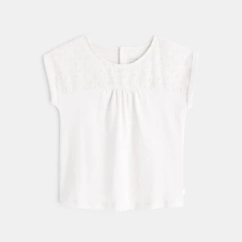 T-shirt bi-matière broderie anglaise blanc bébé fille