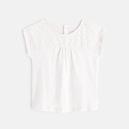 T-shirt bi-matière broderie anglaise blanc bébé fille