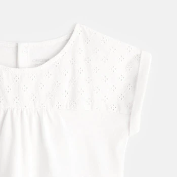 T-shirt bi-matière broderie anglaise blanc bébé fille