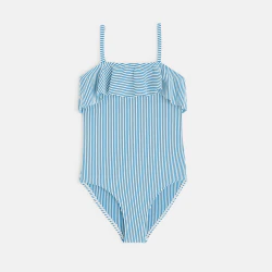 Maillot de bain 1 pièce rayé volanté bleu fille