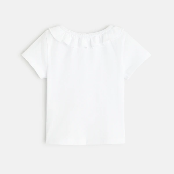 T-shirt col volanté maille fantaisie blanc bébé fille