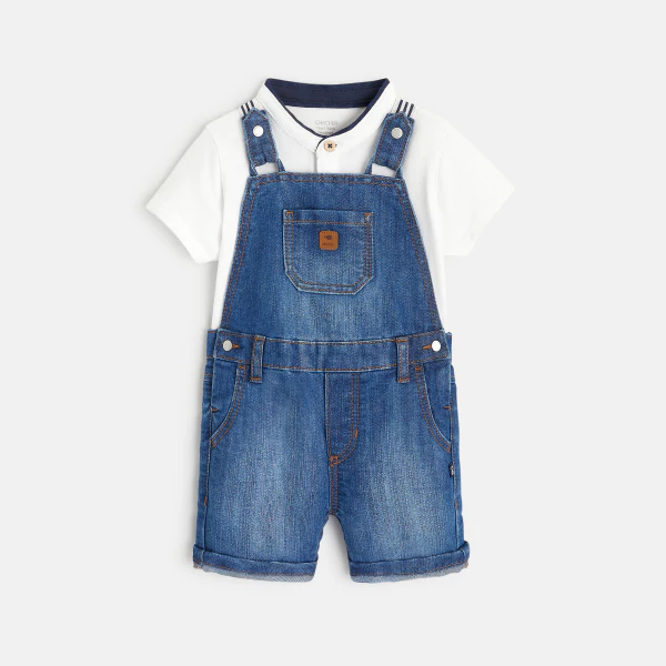 Salopette courte denim et t-shirt tunisien bleue bébé garçon