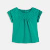 T-shirt bi-matière broderie anglaise vert bébé fille