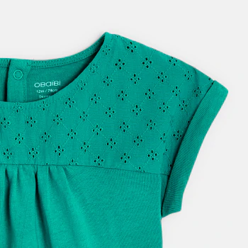 T-shirt bi-matière broderie anglaise vert bébé fille