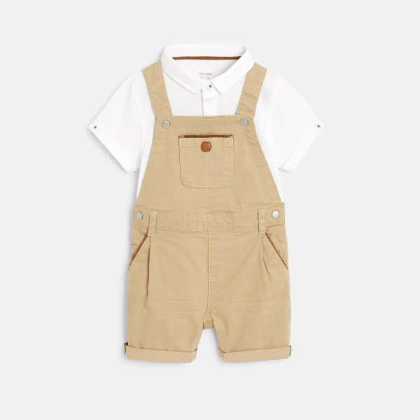 Ensemble salopette courte et polo beige bébé garçon