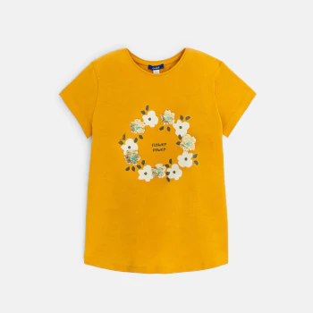 T-shirt à fleurs et sequins jaune Fille