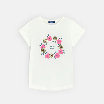 T-shirt à fleurs et sequins blanc Fille