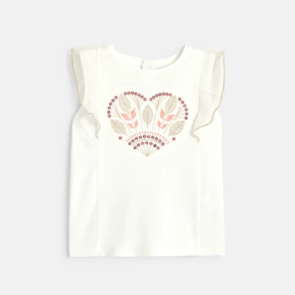 T-shirt brodé à manches volantées blanc bébé fille