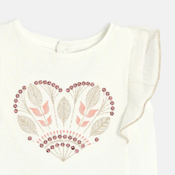 T-shirt brodé à manches volantées blanc bébé fille