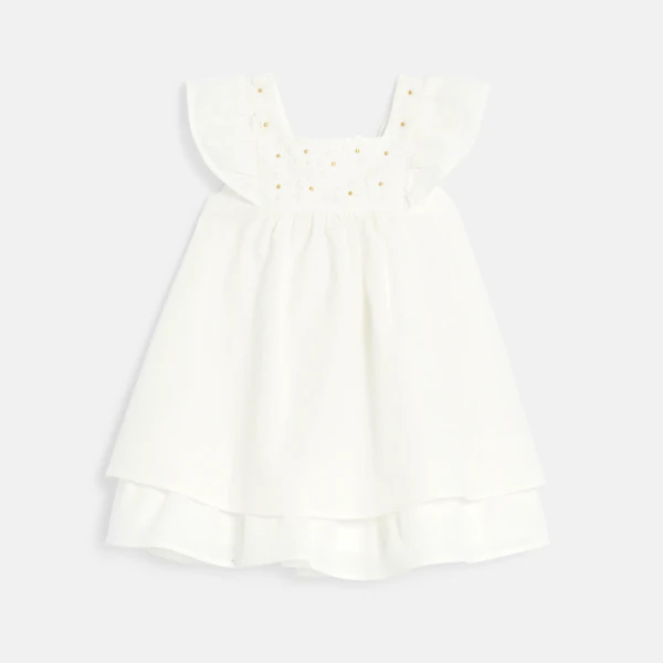 Robe chic plastron fleuri blanc bébé fille