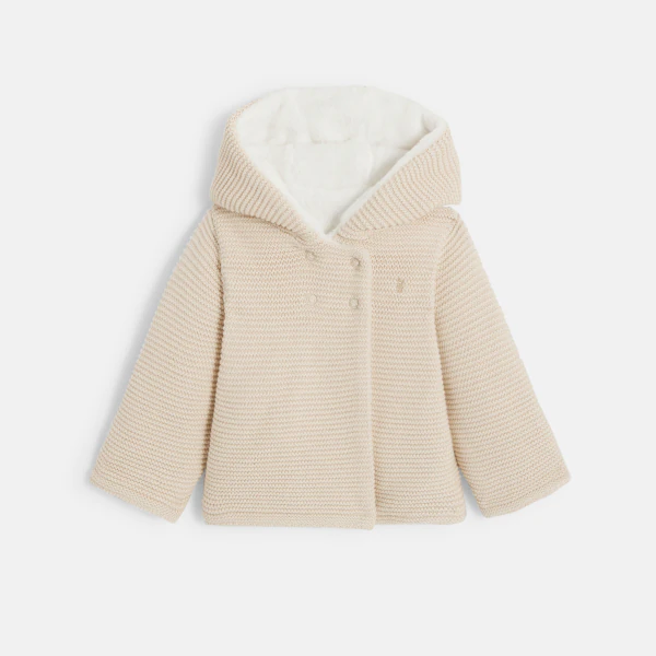 Veste chaude en maille doublée soft boa à capuche beige naissance