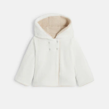 Veste chaude en maille doublée soft boa à capuche beige naissance