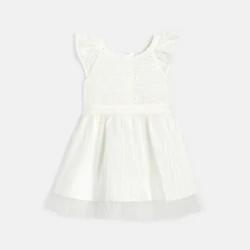 Robe chic bi-matière dentelle et plissé blanc bébé fille