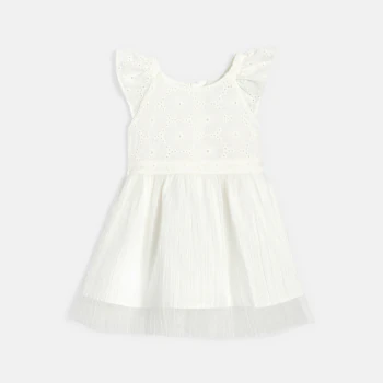 Robe chic bi-matière dentelle et plissé blanc bébé fille