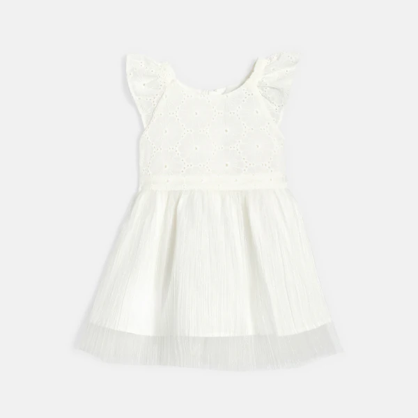 Robe chic bi-matière dentelle et plissé blanc bébé fille