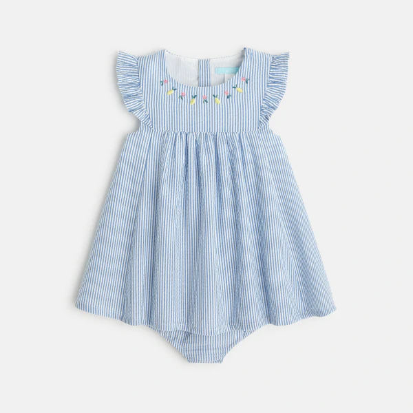 Robe rayée seersucker bleu bébé fille