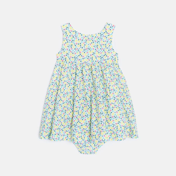 Robe à bretelles gaufrée fleurie et bloomer jaune bébé fille