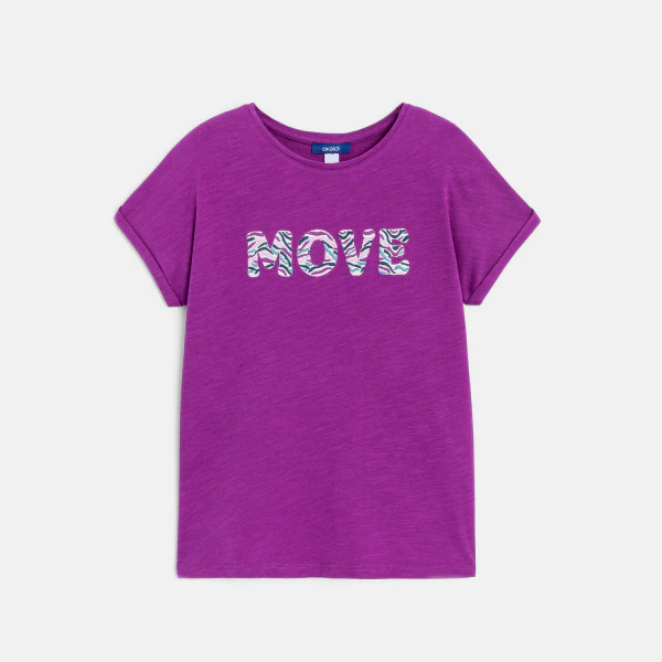 T-shirt manches courtes à message brodé violet Fille