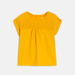 T-shirt bi-matière broderie anglaise jaune bébé fille