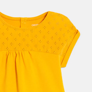 T-shirt bi-matière broderie anglaise jaune bébé fille