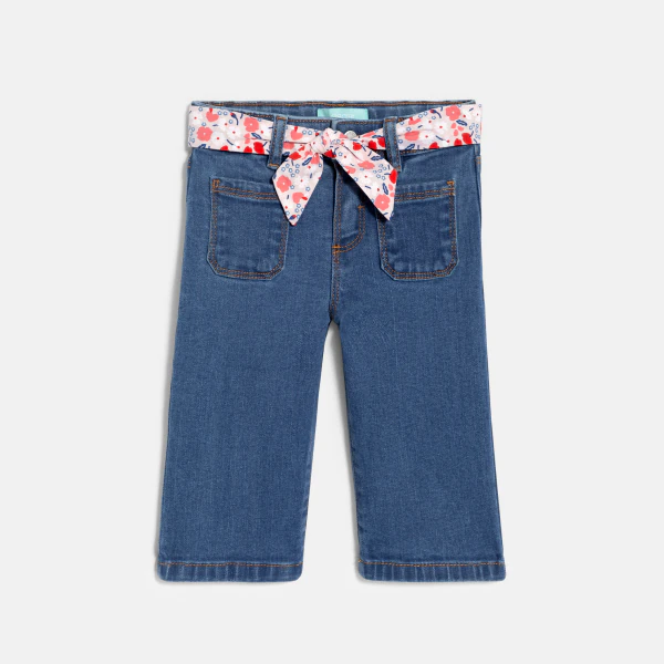 Pantalon large en jean ceinture fleurie denim bleu bébé fille