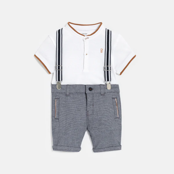 Short à bretelles et polo blanc bébé garçon