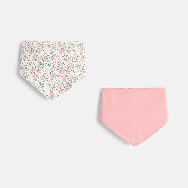 Foulard coton fleuri et uni rose bébé fille (lot de 2)