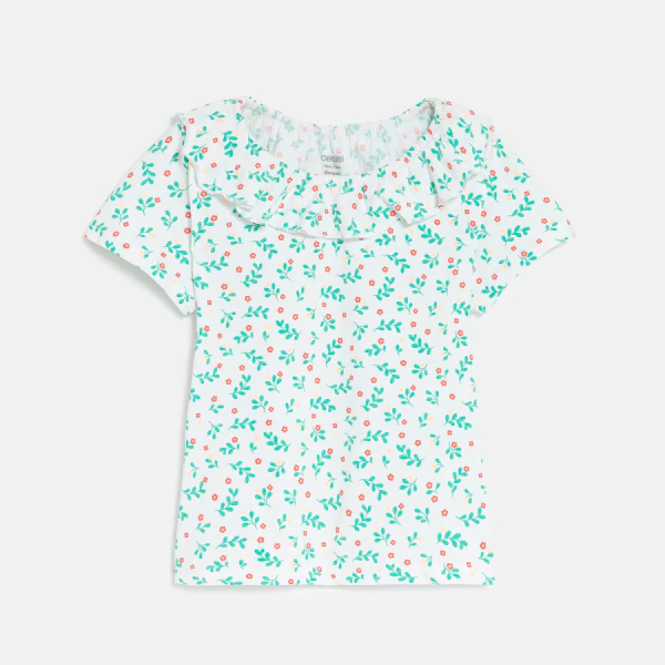 T-shirt col volanté maille fantaisie rose bébé fille