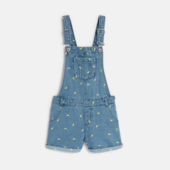 Salopette-short en jean bleu broderies citron Fille