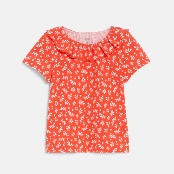 T-shirt col volanté maille fantaisie rose bébé fille