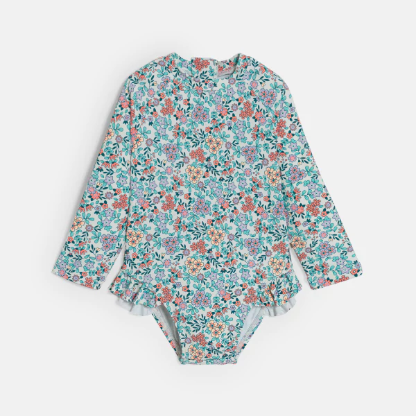 Combi de bain anti UV fleurie violet bébé fille