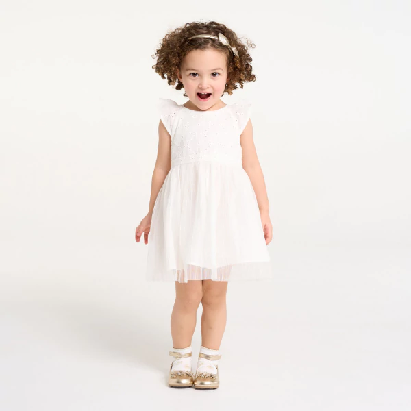 Robe chic bi-matière dentelle et plissé blanc bébé fille