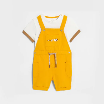 Salopette courte et t-shirt jaune bébé garçon