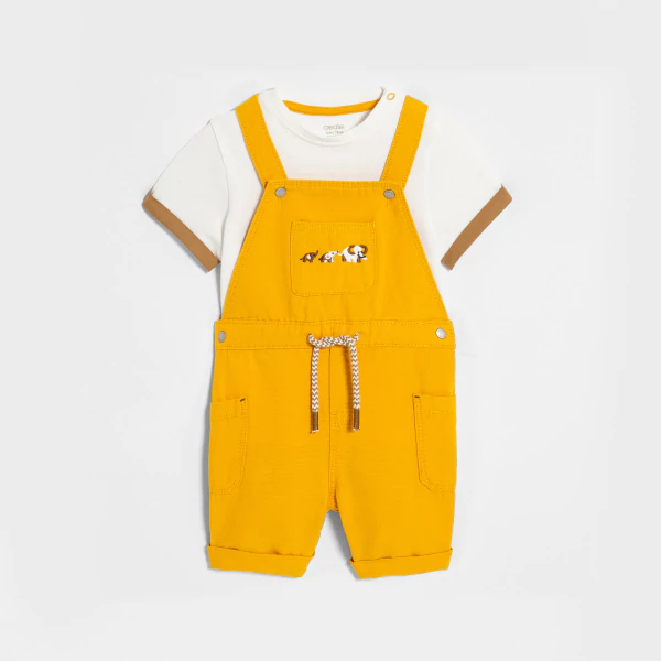 Salopette courte et t-shirt jaune bébé garçon