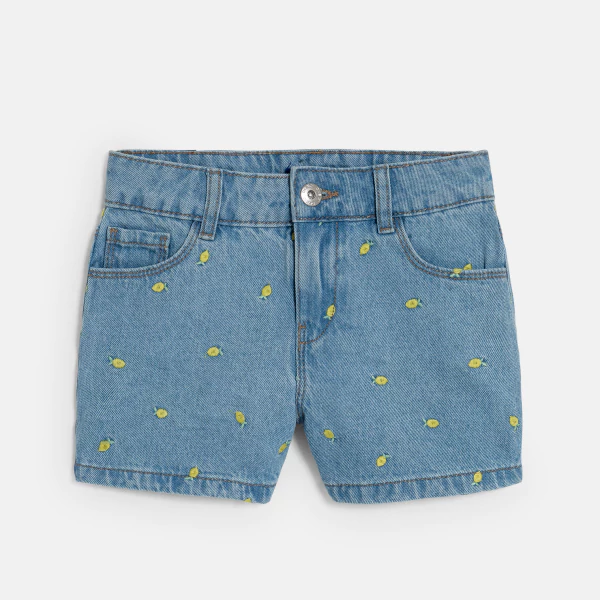 Short en jean bleu broderies citron Fille