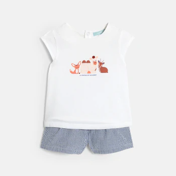 Tee-shirt animaux blanc et short seersucker bleu bébé fille