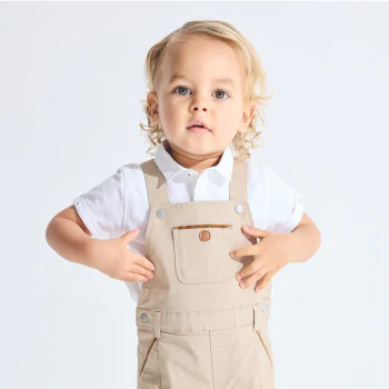 Ensemble salopette courte et polo beige bébé garçon