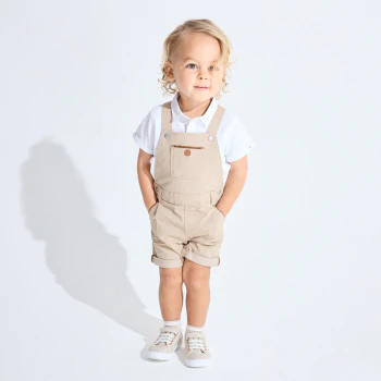 Ensemble salopette courte et polo beige bébé garçon