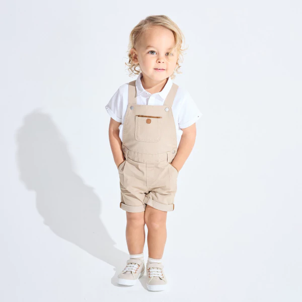 Ensemble salopette courte et polo beige bébé garçon