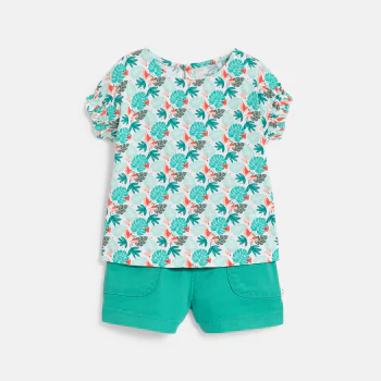 Tee-shirt imprimé tropical et short micro twill de coton vert bébé fille