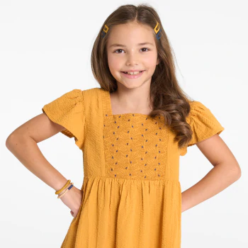 Robe à plastron brodé jaune Fille