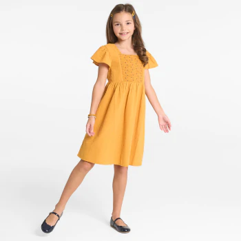 Robe à plastron brodé jaune Fille