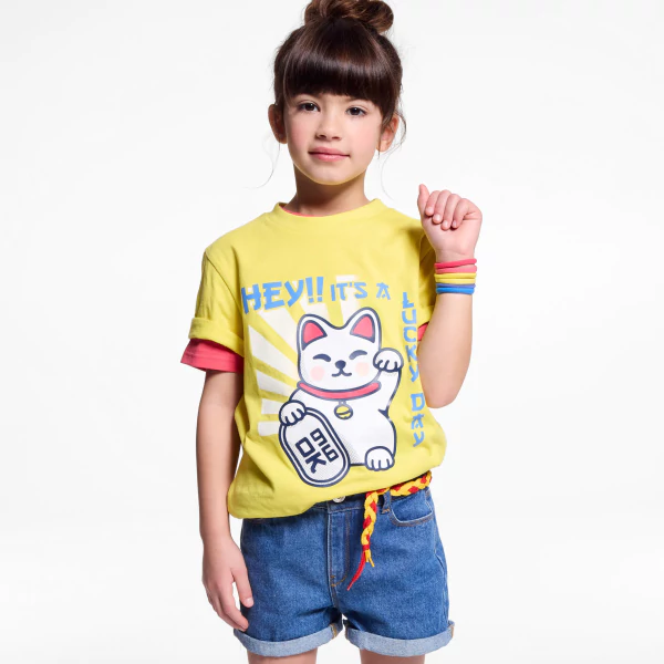 T-shirt motif chat chinois jaune Fille