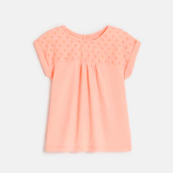 T-shirt bi-matière broderie anglaise rose bébé fille