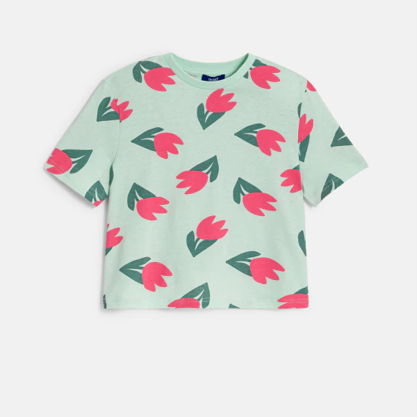 T-shirt court motif tulipe vert Fille