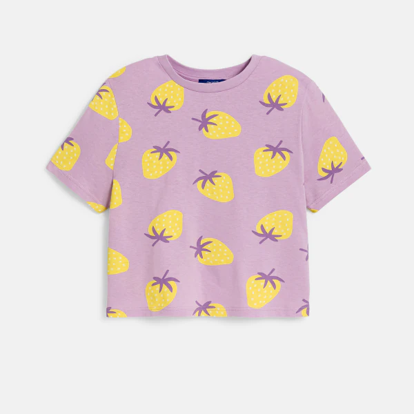 T-shirt court motif fraise mauve Fille