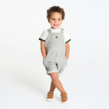 Salopette rayée denim et t-shirt vert bébé garçon