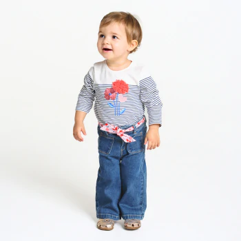 Pantalon large en jean ceinture fleurie denim bleu bébé fille